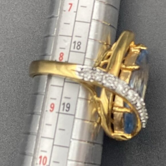 Signed Cocktail Ring EBCO Marquise 3+ Ct Blue Topaz & CZ 18K HGE Gold Size 8.25 - Picture 13 of 16